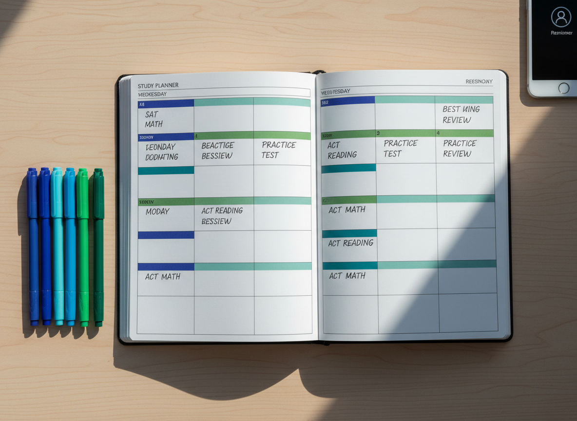 An overhead photographic view of a meticulously organized study planner open on a smooth ash-wood desk, its weekly layout filled with neatly blocked SAT math, ACT reading, and practice test review sessions written in precise ink. Color-coded gel pens lie alongside, forming a subtle gradient of blues and greens. A smartphone on the edge of the frame shows a softly glowing, unreadable schedule reminder icon. Natural midday light from above and slightly to the right casts gentle, clear shadows that define each object, creating a sense of order and purpose. The composition is balanced and minimalist, with sharp focus throughout, visually representing personalized planning, disciplined preparation, and a professional, goal-oriented test prep experience.