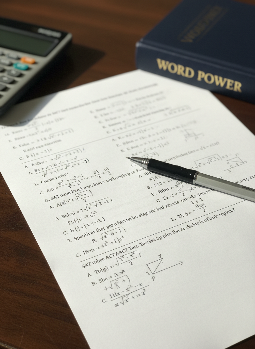 A close-up of a detailed math problem set printed on crisp white paper, with carefully written pencil work demonstrating step-by-step reasoning in clean, structured handwriting. A high-quality mechanical pencil lies diagonally across the page, its metal tip catching a glint of soft afternoon light. The paper rests on a dark walnut desk, with a partially visible graphing calculator and a closed vocabulary book just out of focus at the edges. Photographic realism, shot from a slightly elevated angle with shallow depth of field, creates an intimate, intensely focused atmosphere, symbolizing rigorous SAT and ACT problem-solving practice and solid math foundations in a calm, professional setting.