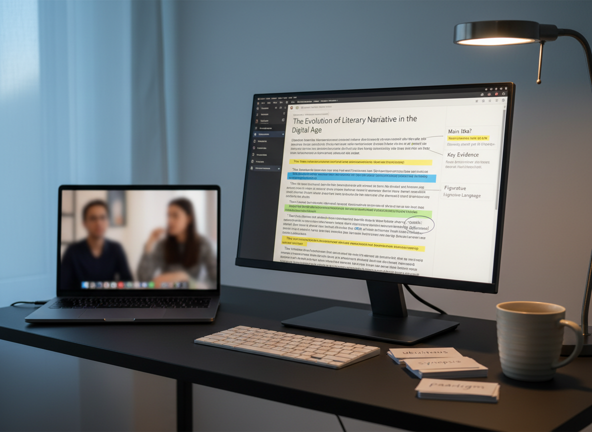 A dual-screen remote tutoring workstation, featuring a laptop on the left with a blurred video chat window and a larger monitor on the right displaying a sharply focused reading passage annotated with color-coded highlights and margin notes. The matte black desk also holds a slim wireless keyboard, a neat stack of index cards with visible but unreadable vocabulary cues, and a simple ceramic mug. Warm desk-lamp lighting from the right combines with faint evening light from a nearby window, creating a balanced, concentrated atmosphere. Photographic realism, captured from a three-quarter angle, uses the rule of thirds to emphasize the annotated passage, visually conveying personalized English instruction and critical reading strategies for high-achieving test prep students.