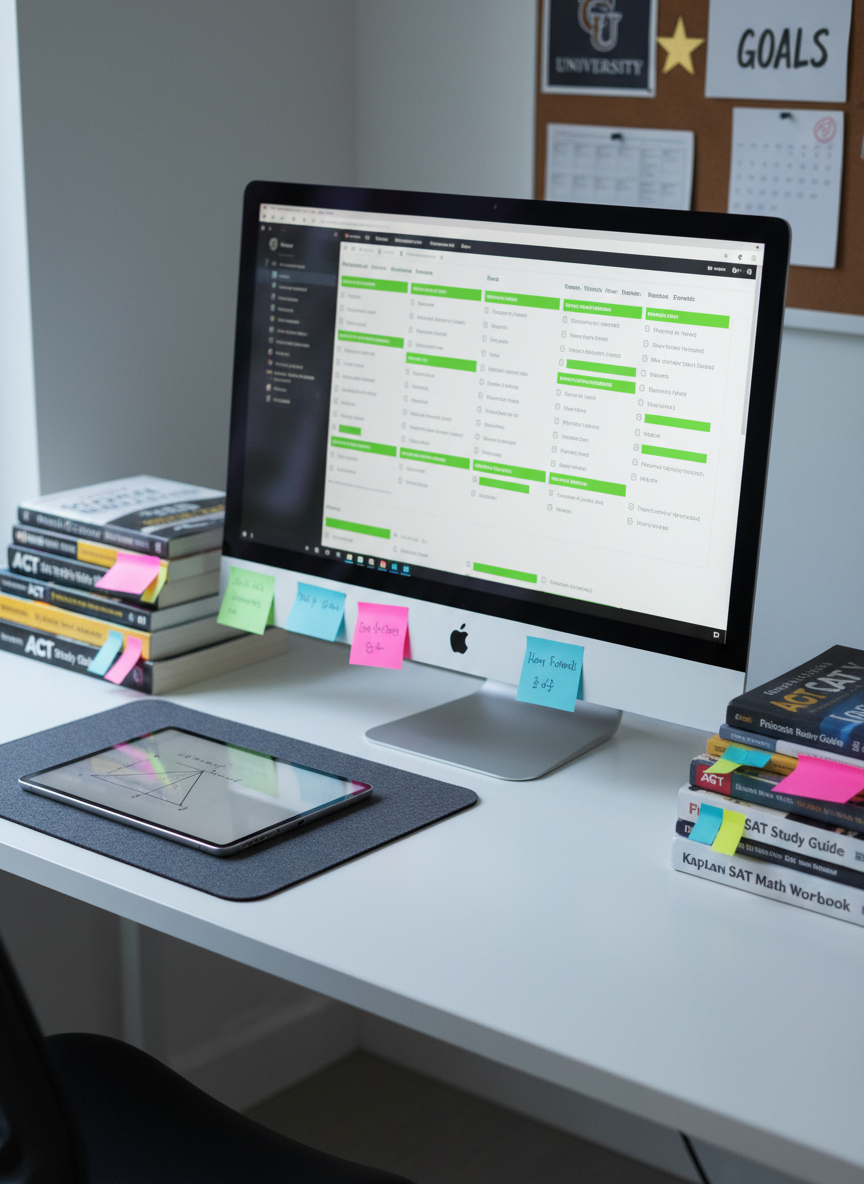 A large, clean computer monitor on a minimalist white desk, showing an out-of-focus grid of digital practice questions with highlighted correct answers, surrounded by tidy stacks of SAT and ACT prep books with color-coded sticky notes. A slim tablet rests on a dark gray felt mat, its screen faintly glowing with a sketched geometry diagram. Cool daylight from an unseen window on the left provides diffused, even lighting, creating soft reflections on the monitor and a professional, studious mood. Photographic realism, captured from a slightly elevated angle with balanced composition, emphasizes the organized, high-achiever workspace while a blurred bulletin board of achievement symbols in the background suggests progress and personalized goals.